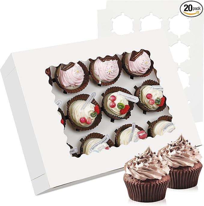 20-Set Cupcake Boxes Bulk with Clear Display Window Hold 12 Standard Cupcakes, Disposable Food Grade White Cupcake Carrier Cupcake Container, Perfect for Cupcakes Muffins Cookies Pastries
