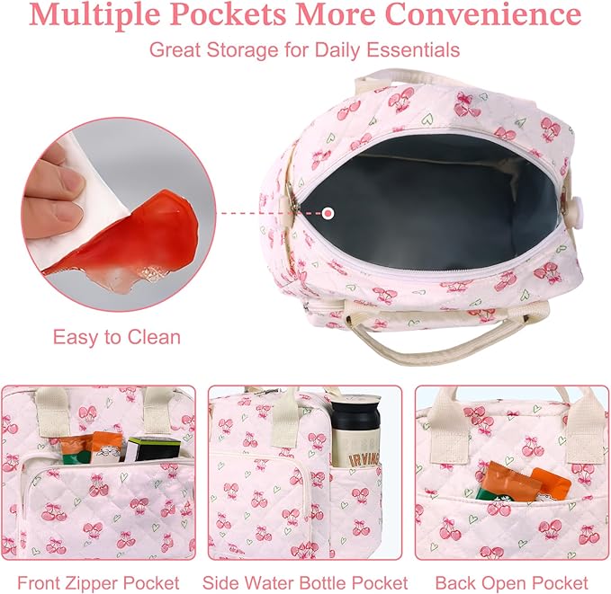 Quilted Lunch Box for Women,Large Pink Cherry Insulated Lunch Bag for Adult,Cute Lunch Tote Bags for Work Picnic Travel (pink charry heart,M)