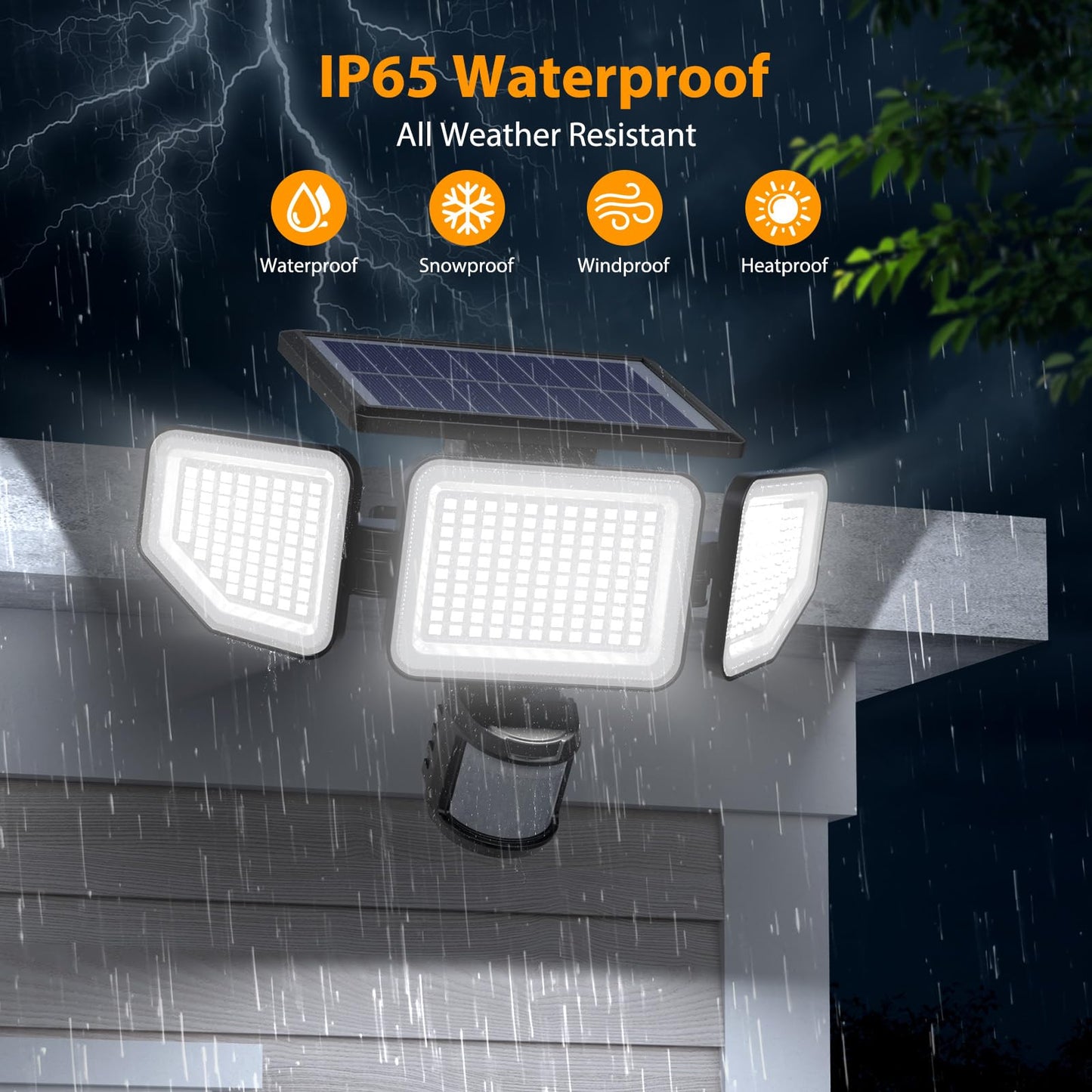Onforu Solar Lights Outdoor, 3 Heads Motion Sensor Flood Lights, IP65 Waterproof, Remote Control, Black, Model BDTYD05, 4 Pack