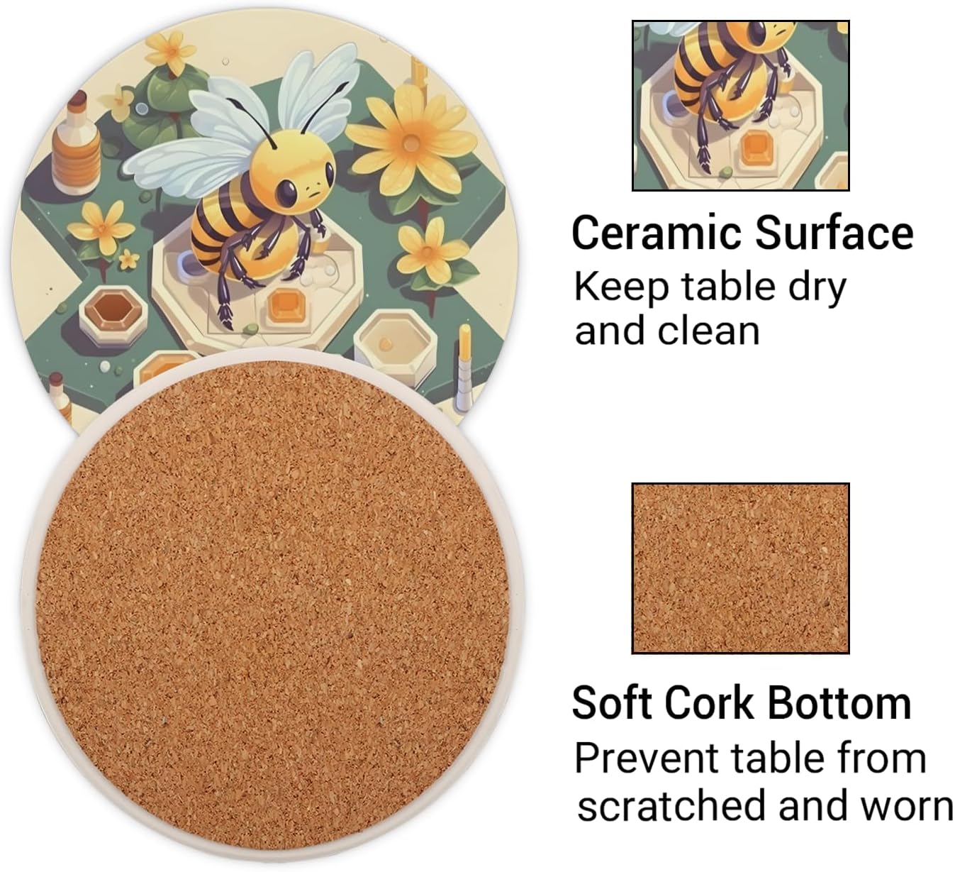 Ceramic Coasters for Drinks with Cork Back, Cute Bee Honeycomb 4 Inch Absorbent Coaster Set 1 Pack, Quick Dry Non-Slip Coaster Mats for Home, Office, Bar