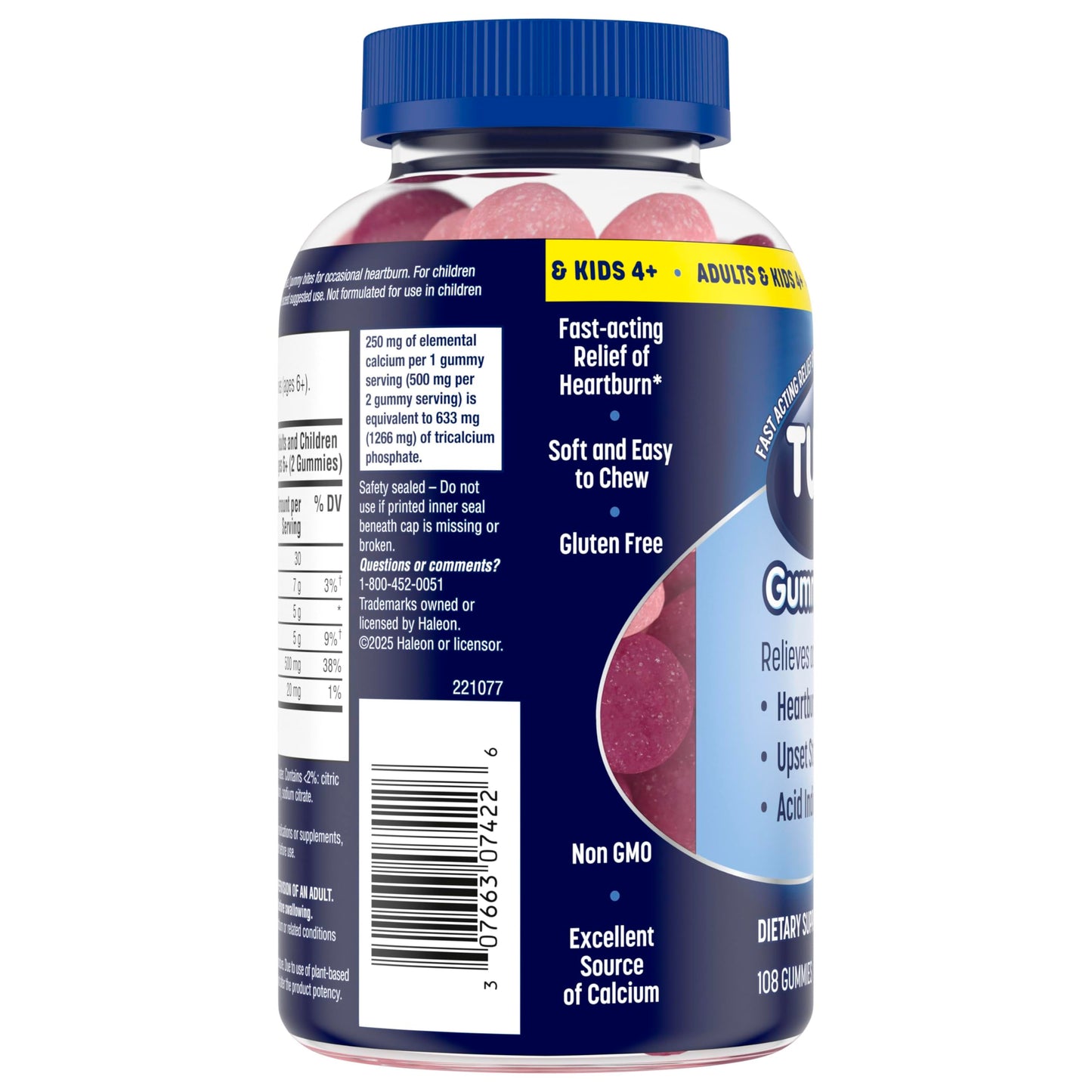 TUMS Gummy Bites Dietary Supplement for Occasional Heartburn Relief, Upset Stomach and Acid Indigestion, Cherry Berry Burst - 108 Count