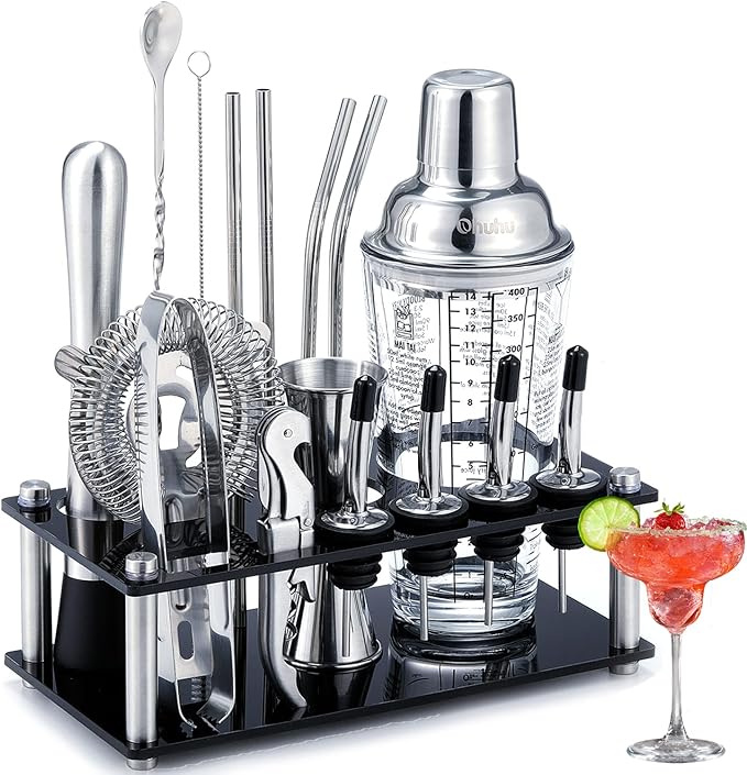 Cocktail Shaker Set Ohuhu 17-Piece Bartender Kit Bar Tool Set with Acrylic Stand Premium Soda-Lime Glass Drink Shaker with...