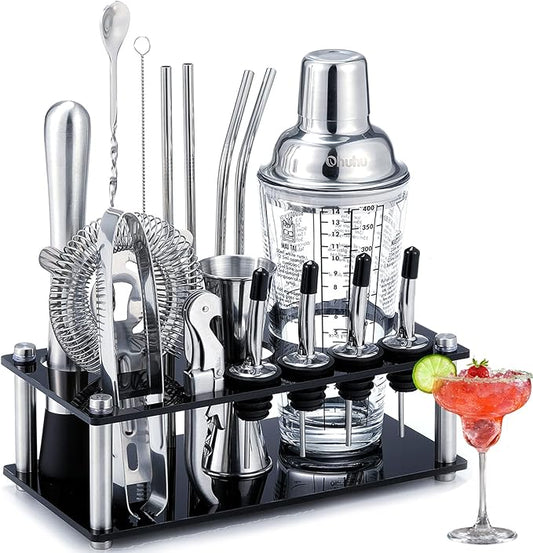 Cocktail Shaker Set Ohuhu 17-Piece Bartender Kit Bar Tool Set with Acrylic Stand Premium Soda-Lime Glass Drink Shaker with...