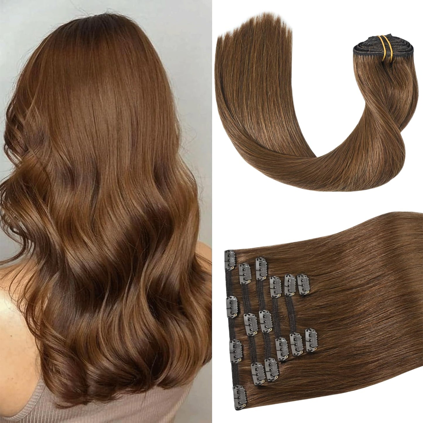 Aison Light Brown Clip in Hair Extensions Real Human Hair 7pcs Remy Hair 16clips for Women #6 Chestnut Brown Hair Extensions Rea