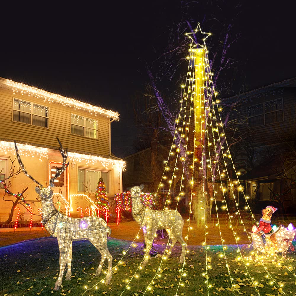 FUNIAO Christmas Decoration Lights, 320 LED Waterfall String Lights with 12in Star Topper, Warm White, Model YLS1000WD01