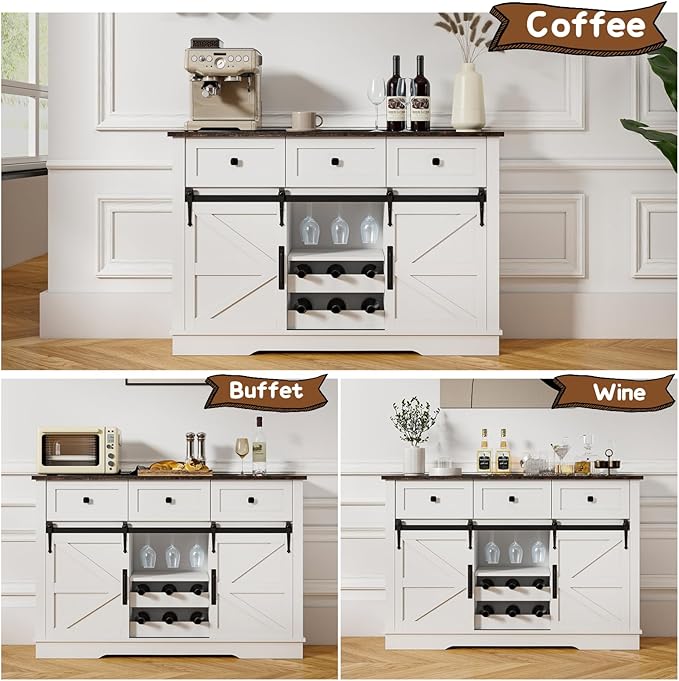 Kmax Farmhouse Wine Bar Cabinet w, 54” Buffet Cabinet with Storage, Rustic White Coffee Bar Cabinet with Sliding Barn Doors, Wine/Glass Rack & 3 Drawers for Living, Dining Room, Black Top