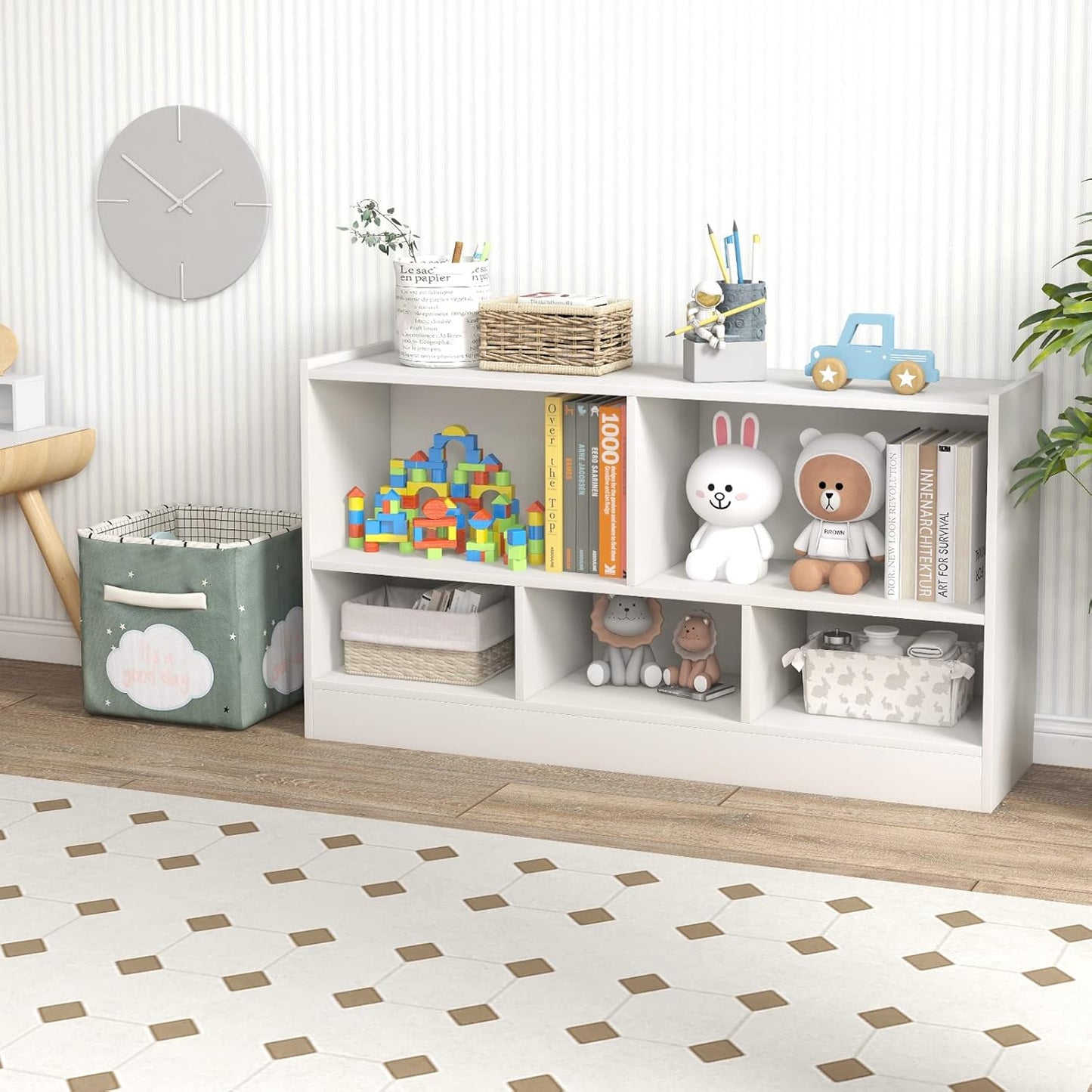 Toy Storage Organizer, 2-Tier Kids Bookshelf, 5 Cube Kids' Bookcases, Cabinets & Shelves, Wooden Toy Organizers, Small Book Shelf for Bedroom, Playroom, Classroom, Nursery (White)