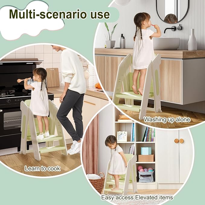Toddler Tower Kitchen Stool Helper,Foldable/Adjustable Height Kids StandingTower Stool W/CPC Certification,for Kitchen Counter Bathroom Sink Cooking Child Ladder for Toddlers W/Safty Rail(Grey White)