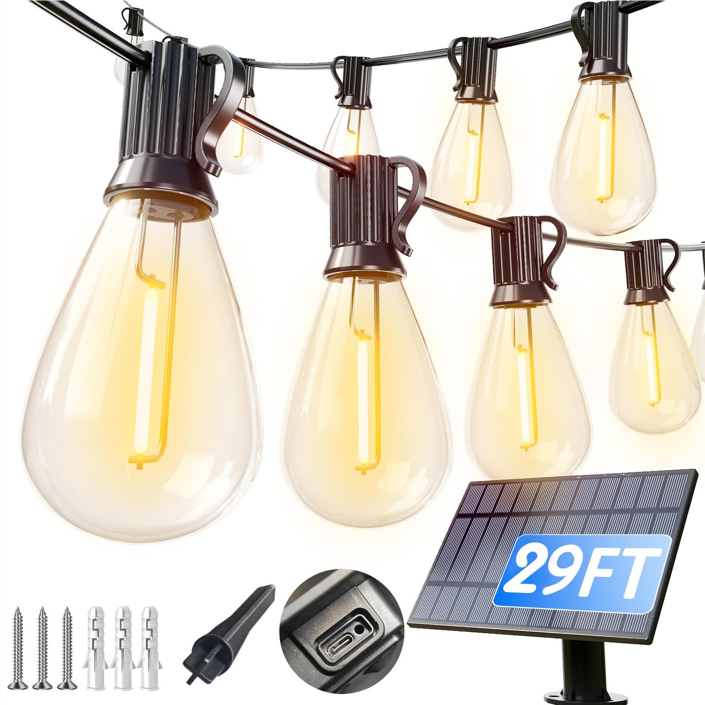 luckystyle Solar String Lights 29FT Black 10+1 LED Bulbs Waterproof Commercial Grade USB Powered for Outdoor Patio Garden Decor