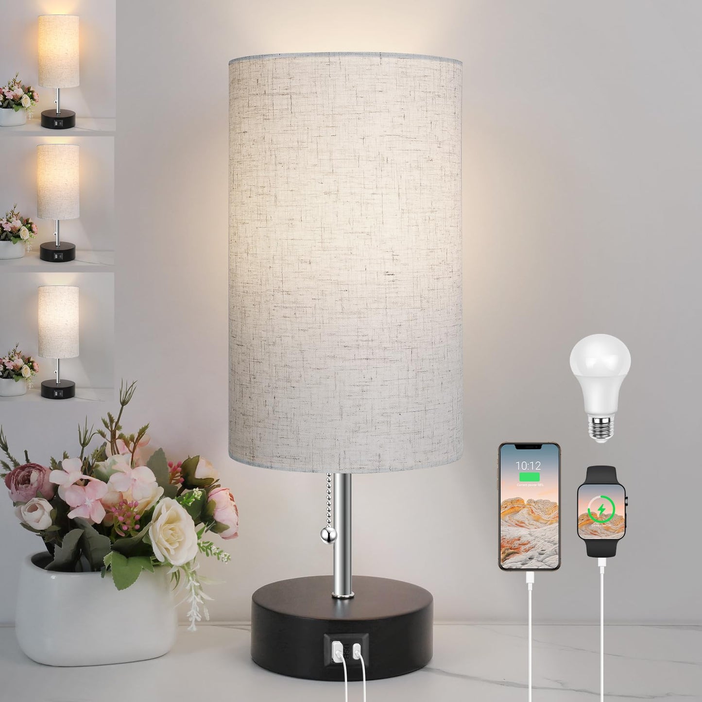 ROTTOGOON Bedside Lamp with USB Port, AC Outlet, LED Bulb, Oatmeal Color