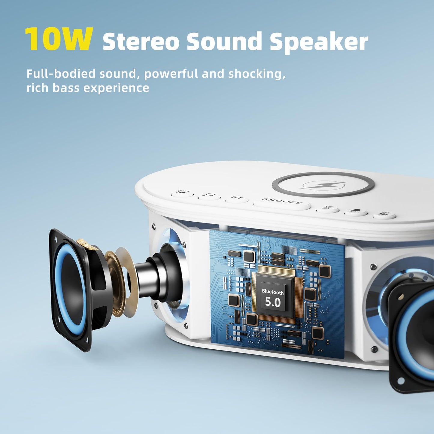 Sound Machine Alarm Clock Wireless Charger: Bluetooth 10W Stereo Sound Speaker Bedroom - White Noise Machine for Sleeping with 21 Soothing Sounds