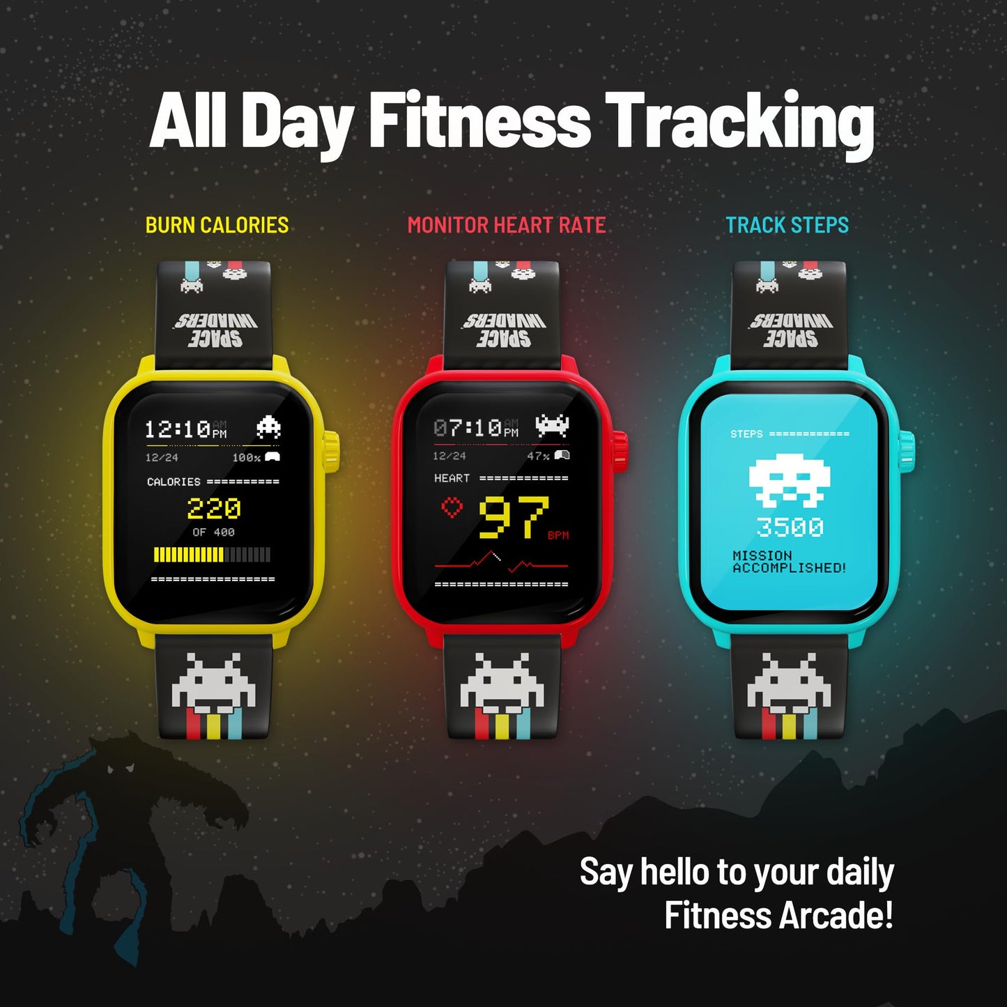 My Play Watch Space Invaders Retro Gaming Smartwatch, Selective Tech, Yellow Bezel, Non-Connected, Built-In Space Invaders Game,