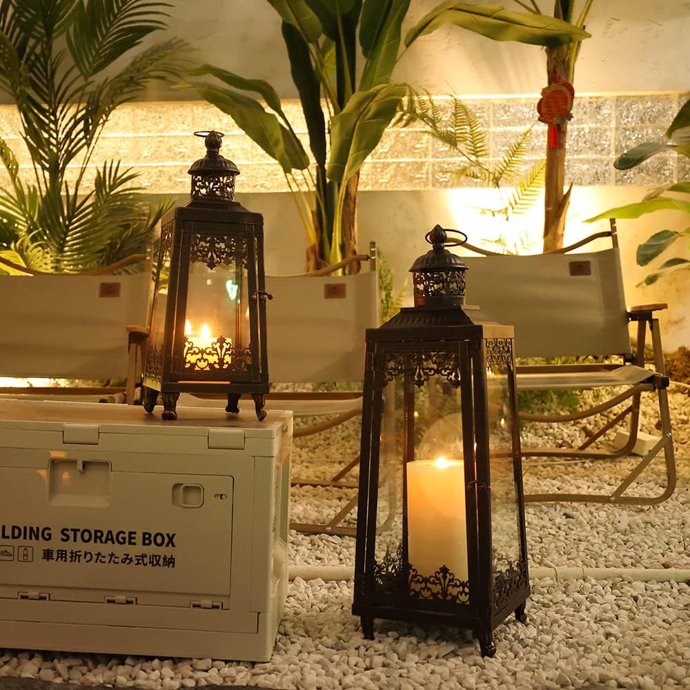 NEEDOMO Lanterns Decorative Outdoor & Indoor, Set of 2 Outdoor Lanterns for Porch,Large Candle Lantern, Bronze Metal Frame with Glass for Fall, Christmas