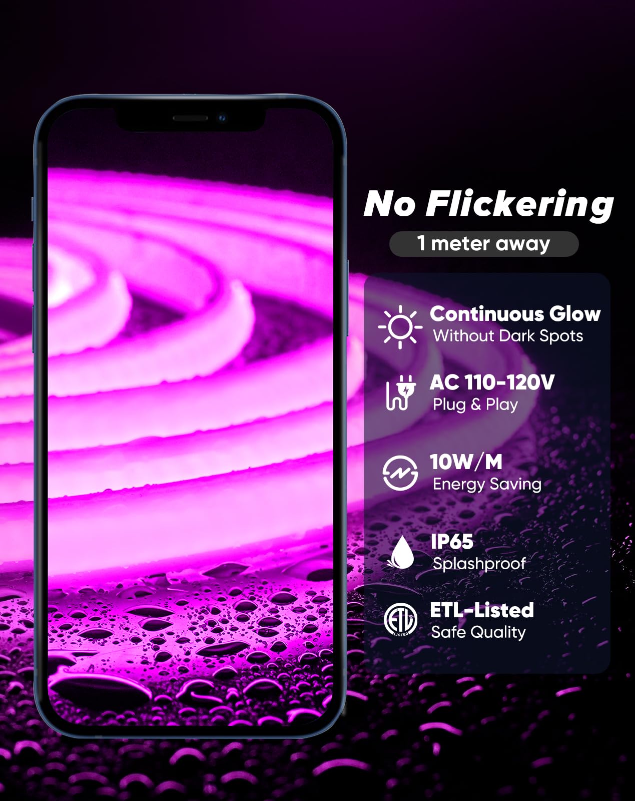 Shine Decor Cob Led Rope Light Ac 120V  800Lm Ultra Bright  Ip65 Waterproof Cold-Resistant Etl Neon Strip  No Driver Tape Lighting For Home Commercial 10X4.5Mm  Purple  32.8Ft