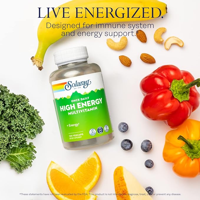 SOLARAY High Energy Multivitamin, No Iron, 1/Day, Timed-Release Formula, Whole Food & Herb Base 120 VegCaps
