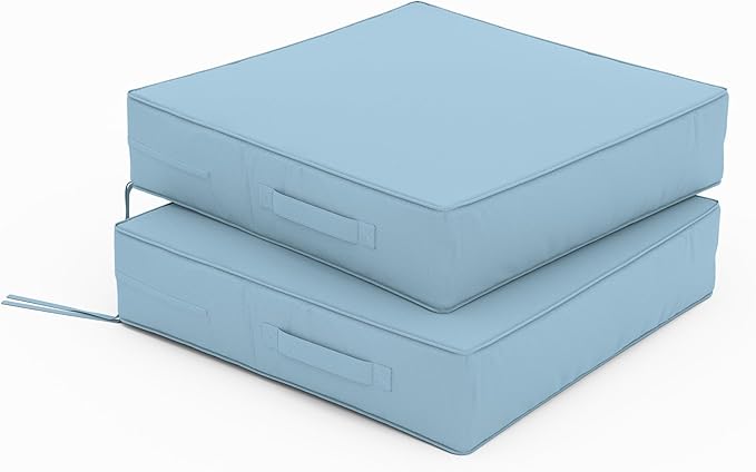 Patio Chair Cushions 19 X 19 X 4 Inch Waterproof Outdoor Seat Cushions for Patio Furniture, Outdoor Sofa Couch Pads with Ties & Handle, Set of 2, Light Blue
