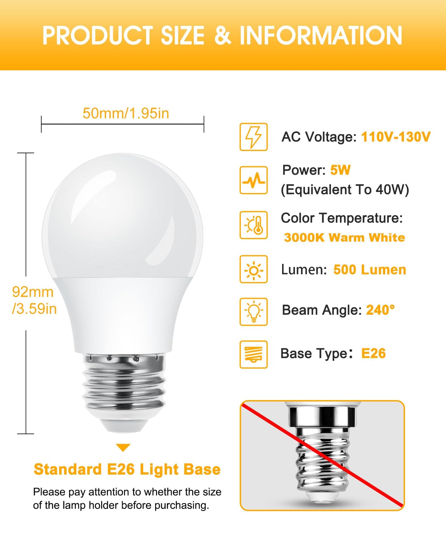 A15 Led White Light Bulbs 3000K 2Pack  E26 Base Warm White Lighting For Refrigerator  Bedroom  Ceiling Fan Lights  Living Room  Indoors&Outdoors  5W Equivalent 40Watt  500 Lumens  Non-Dimmable
