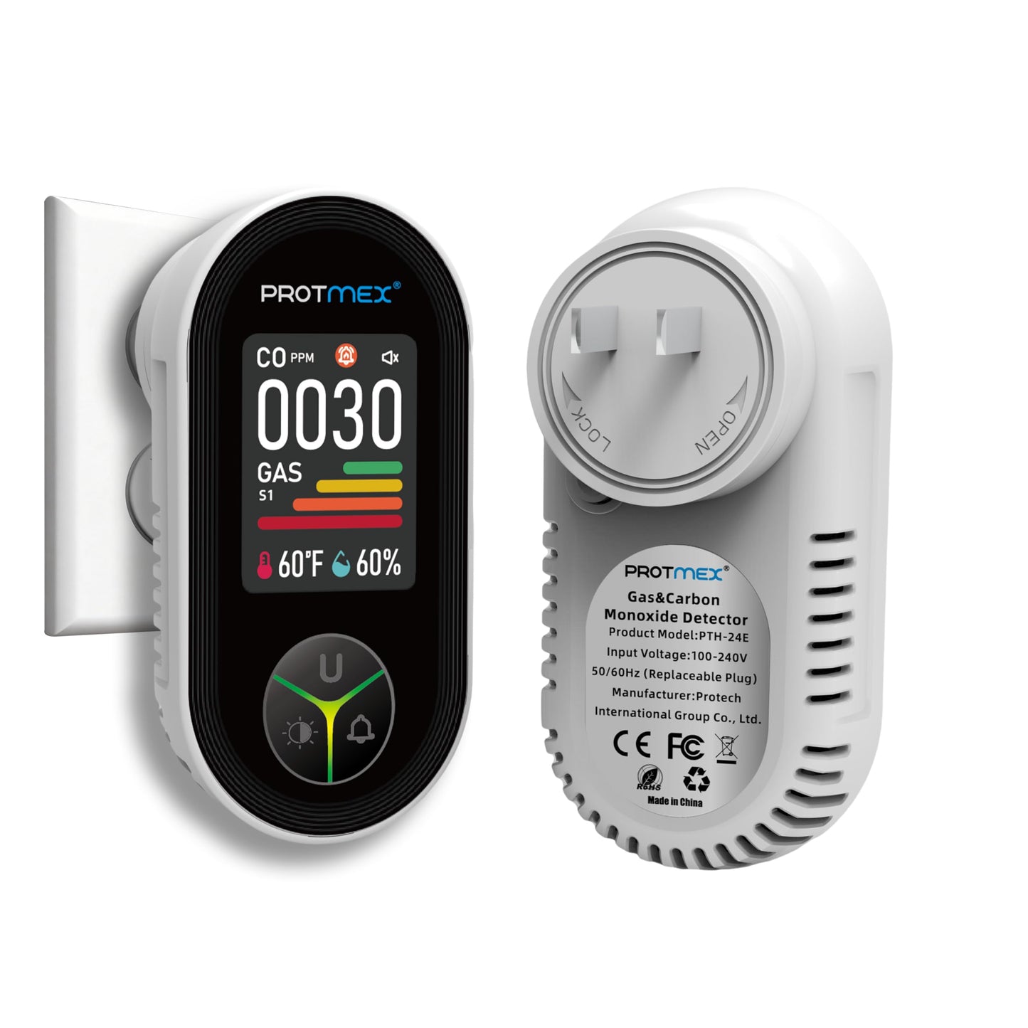 Protmex 4-in-1 Carbon Monoxide & Gas Detectors Plug in Large LCD Screen, Home CO Gas Detector with Temperature & Humidity Monitoring - 4 in 1 CO and Gas Detector Easy Installation for Home Travel