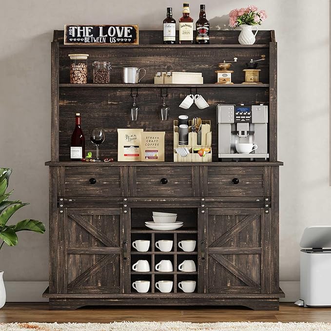 63 Inch Tall Coffee Bar Cabinet with 3-Tier, Kitchen Hutch with 3 Large Drawers, Farmhouse Coffee Bar with 9 Wine Racks & 3 Glass Holders, Wine Storage Cabinet for Living Dining Room, Oak