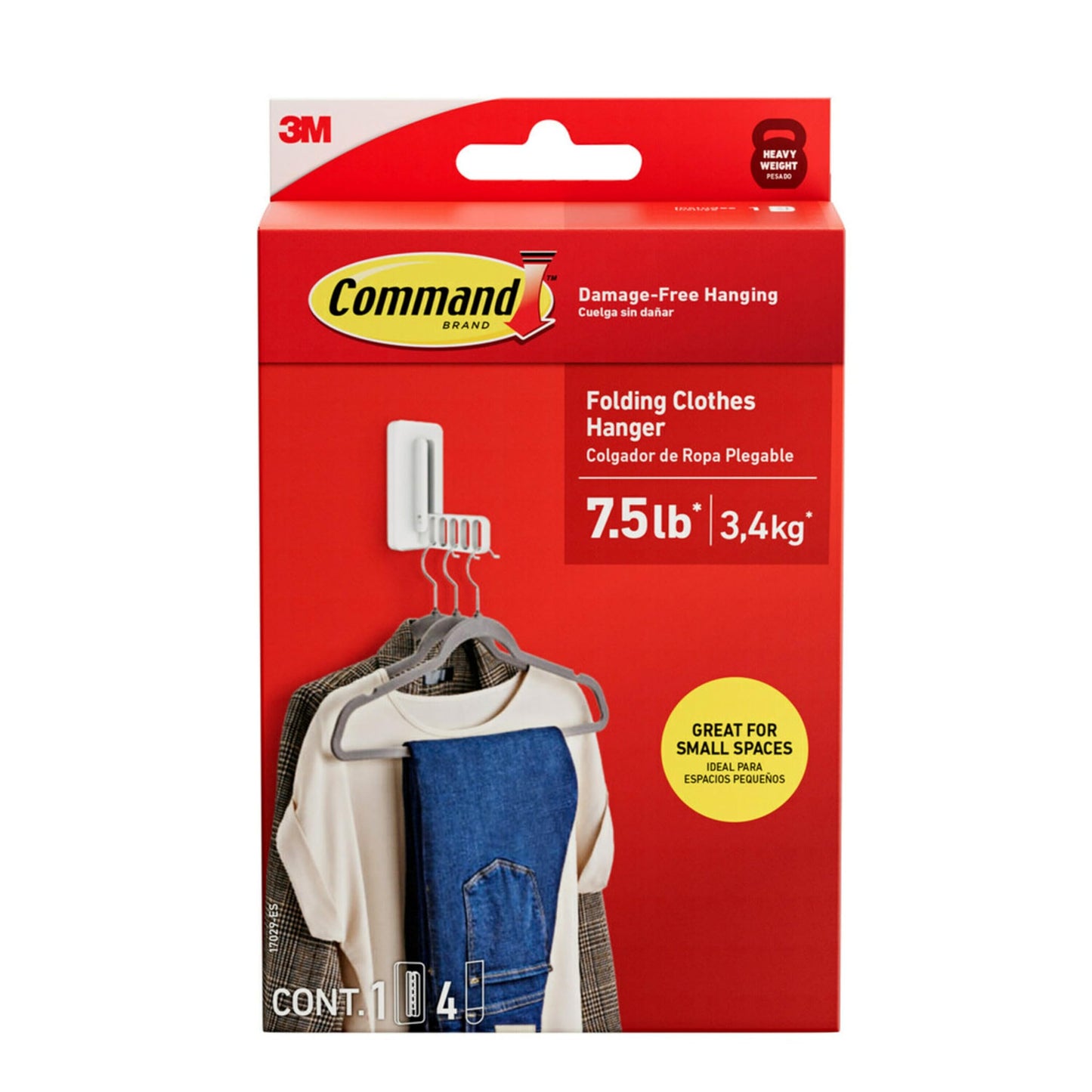 Command Folding Clothes Hanger, Holds up to 5 Hangers 7.5 lb, 1.5lbs per Rung, 1 Hook with 5 Rungs, 4 Strips, Closet Organizer, Home Organization