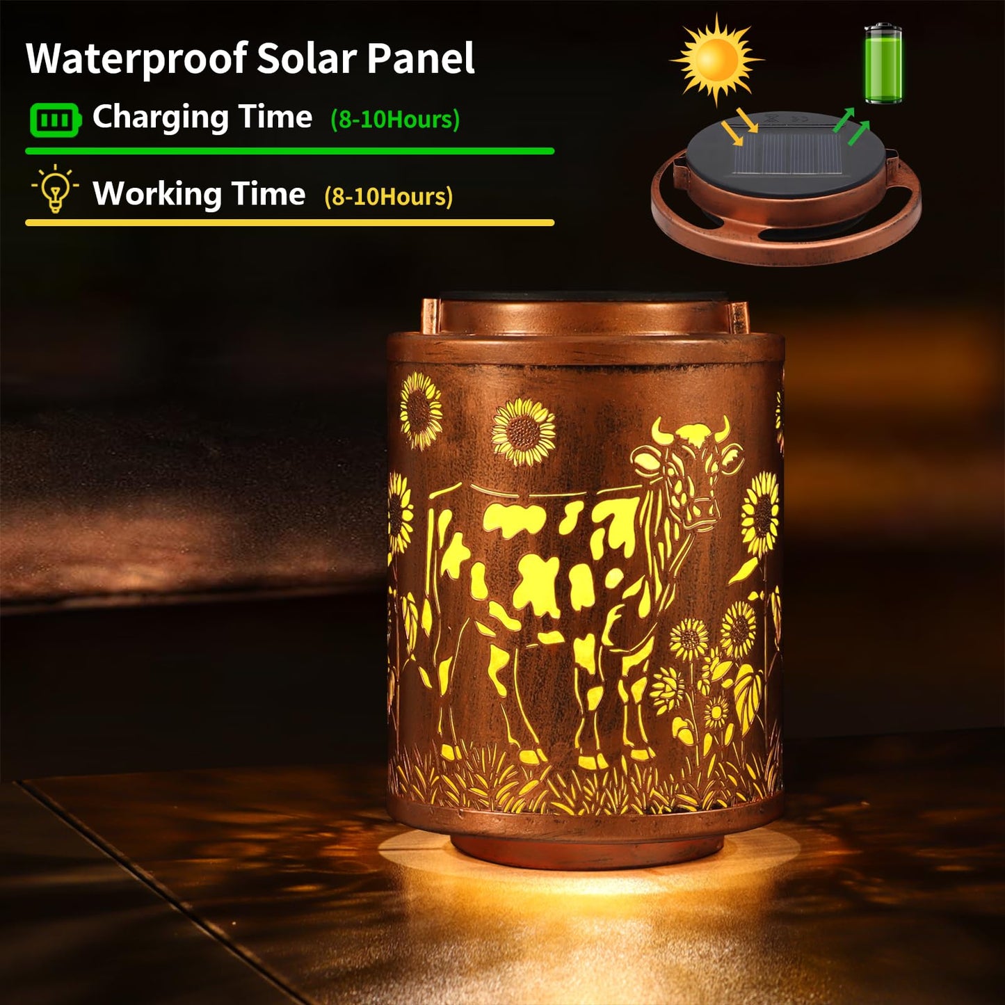 Tepaken Solar Lantern Garden Decor LED Hanging Light Metal Waterproof Cow Hummingbird-1 Gold