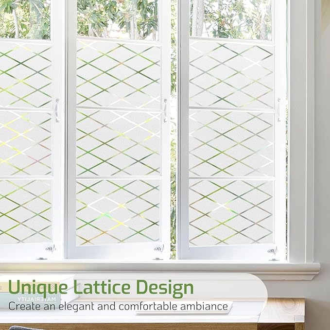 LUTE Frosted Window Privacy Film, Static Cling UV Sun Blocking Heat Control Window Cover, Removable Non-Adhesive Glass Sticker Vinyl Decorative Frosting Decals for Home Office, Lattice, 35.4" x 118.1"