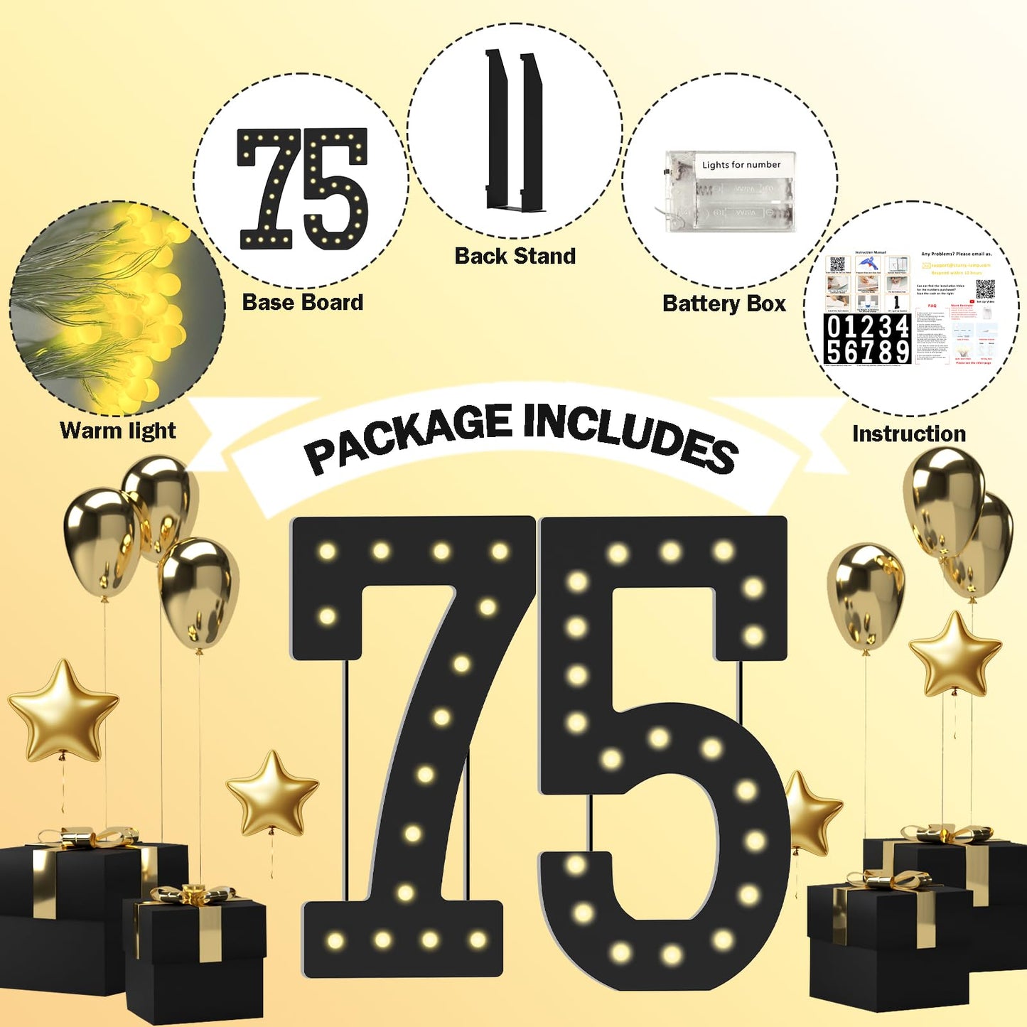 4FT Marquee Light Up Numbers, Black Giant Marquee Number Big Mosaic Number for 75th Birthday Party Decorations Backdrop Anniversary Decor, Pre-Cut Frame