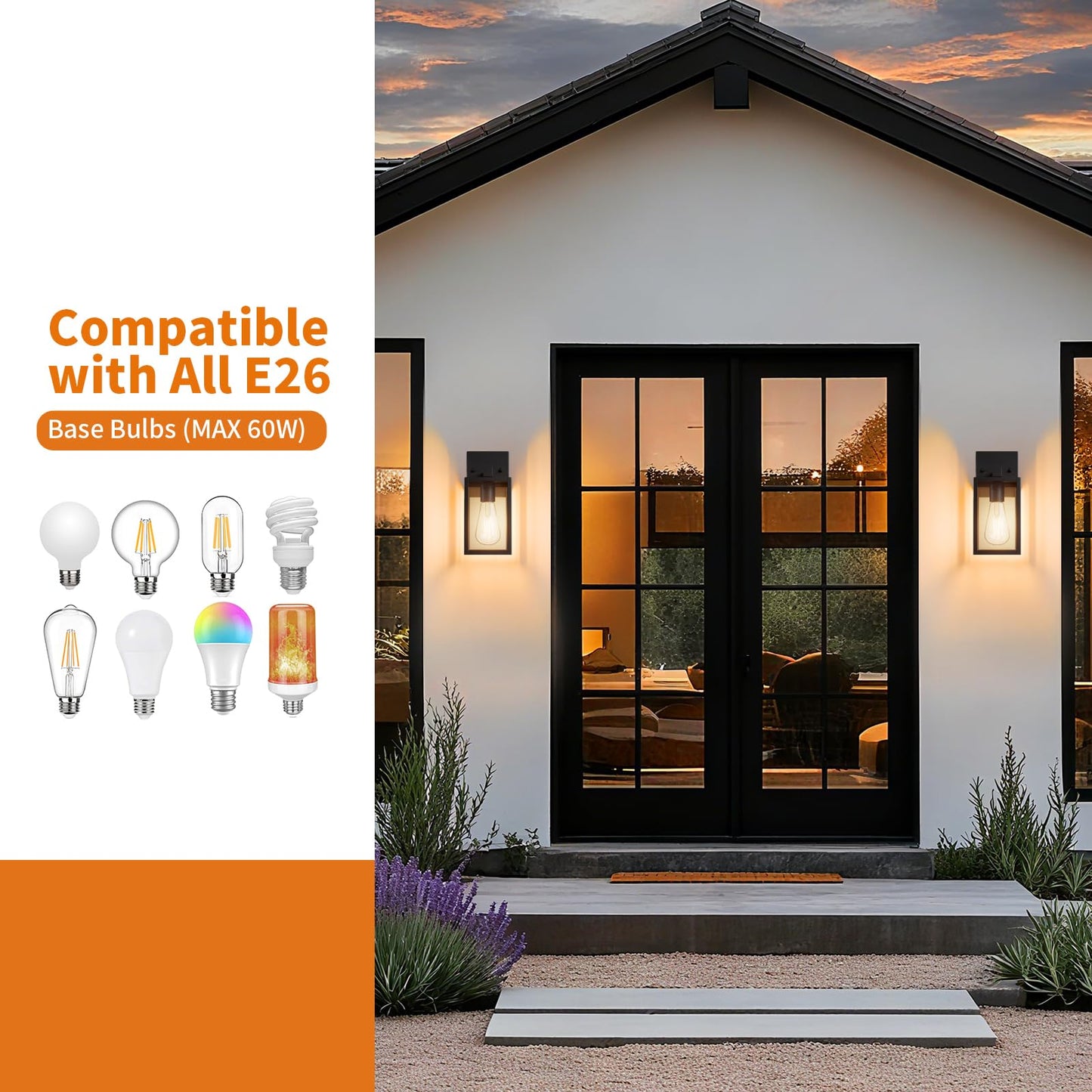 Outdoor Light Fixtures Wall Mount  Waterproof Front Porch Lights  Modern Exterior Lighting Fixtures With E26 Socket  Black Wall Sconces Lantern Lamp  Outside Lights For House  Garage  Patio (2 Pack