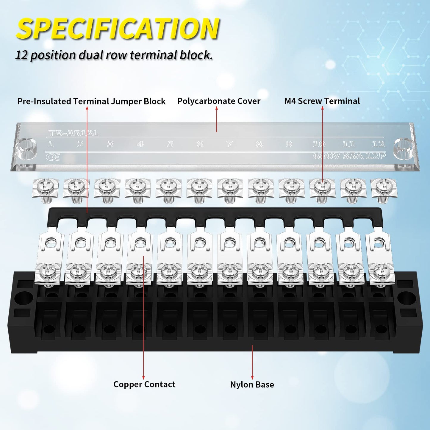 Joinfworld 35A Terminal Block 12 Position Screw Terminal Strip Dual Row with Cover and 12 Position Pre-Insulated Terminal Jumper Block - 2pcs