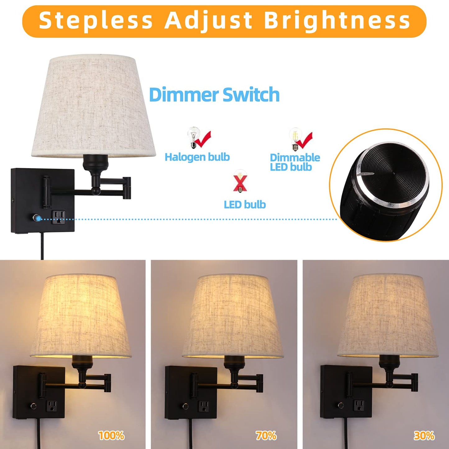 Affsure Bedside Wall Mount Light, Dimmable Switch, USB Port, Black, Metal, Model 619191209705
