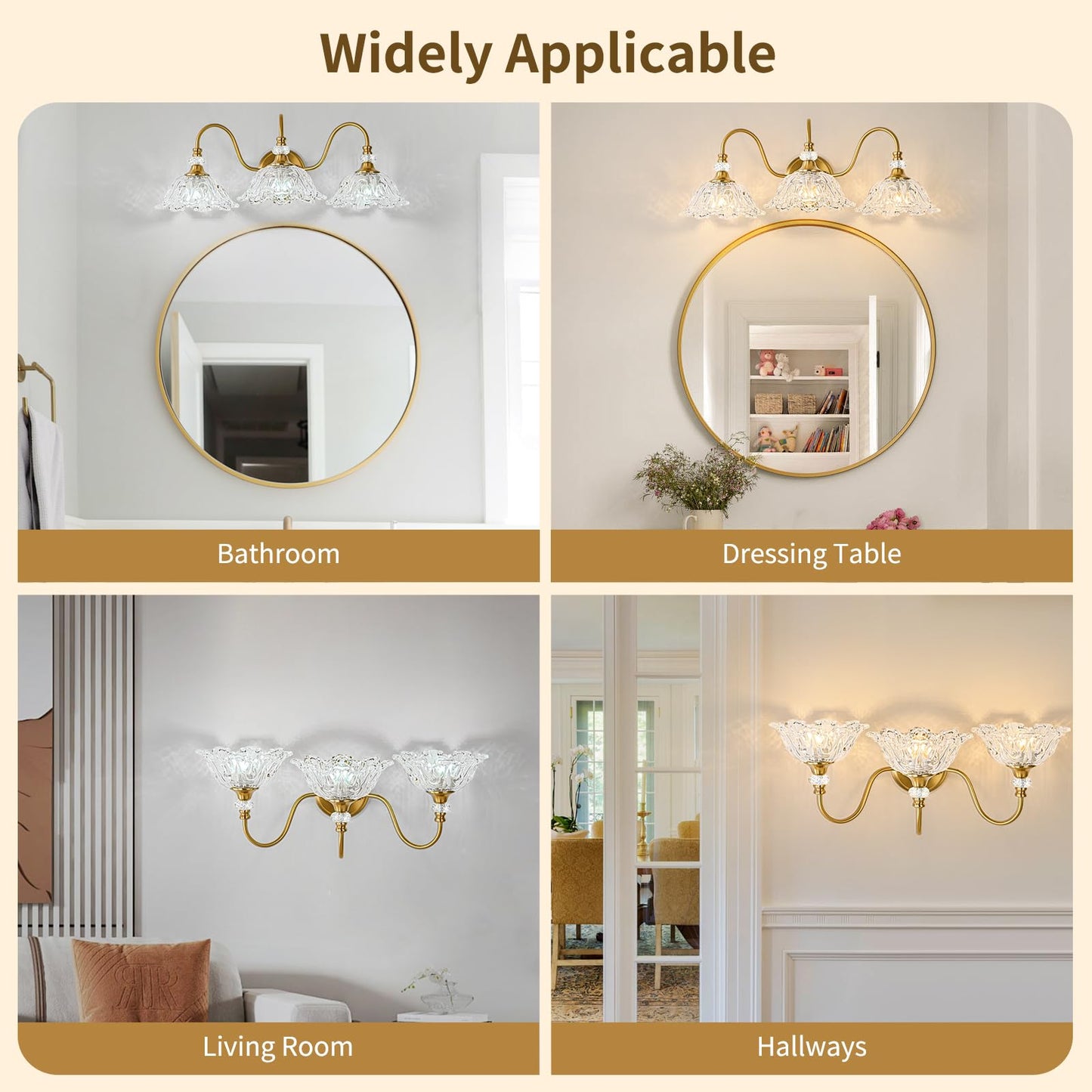 Sunkryster Gold Bathroom Vanity Light  3-Light Brushed Gold Finish Vanity Light With Floral Clear Glass Shades  Retro Wall Mount Lighting For Bathroom  Dressing Table