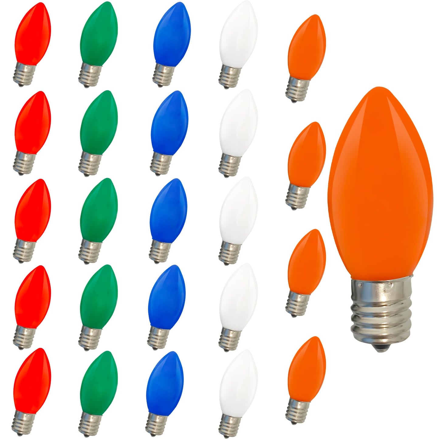 Romasaty C9 Replacement Bulbs - 25 Pack Multi-Color Ceramic, C9/E17 Base, 7 Watt