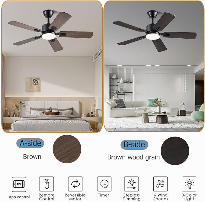 Ceiling Fans with Lights, 42 Inch Low Profile Ceiling Fan with App/Remote Control, DC Reversible Motor, Dimmable LED Ceiling Fans for Bedroom,Indoor/Outdoor Patio Use（Brown）