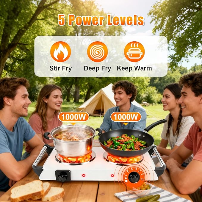 Double Hot Plate, 2000W Portable Countertop Burner & Electric Stove, 5-Level Temp, Portable Handle, Cast Iron Double Burner Cooktop for Home/RV/Camping (White)