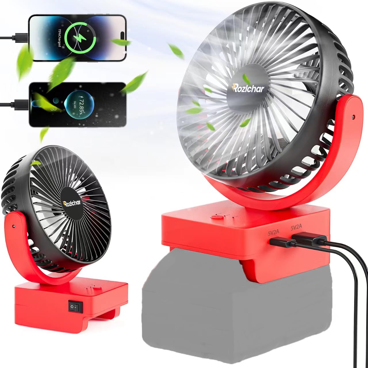 Rozlchar Cordless Fan Compatible For Milwaukee 18V Battery, Work For 48-11-1820, 48-11-1850, Jobsite Fan With Usb A/C Fast Charg