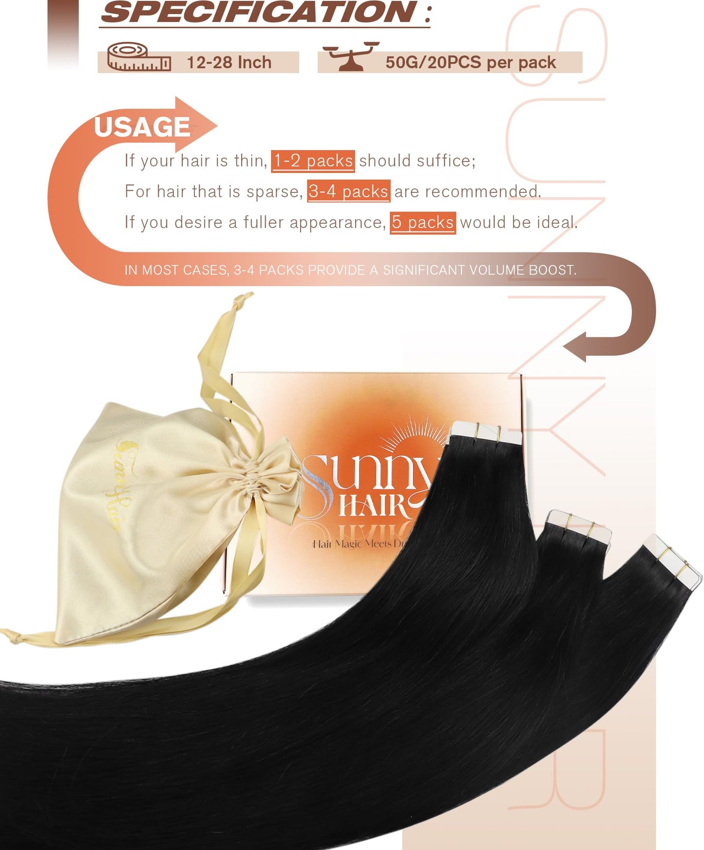 Sunny Hair Tape in Hair Extensions Real Human Hair Invisible Remy Hair Extensions Tape ins for Women Jet Black 24 inch 20Pcs 50G