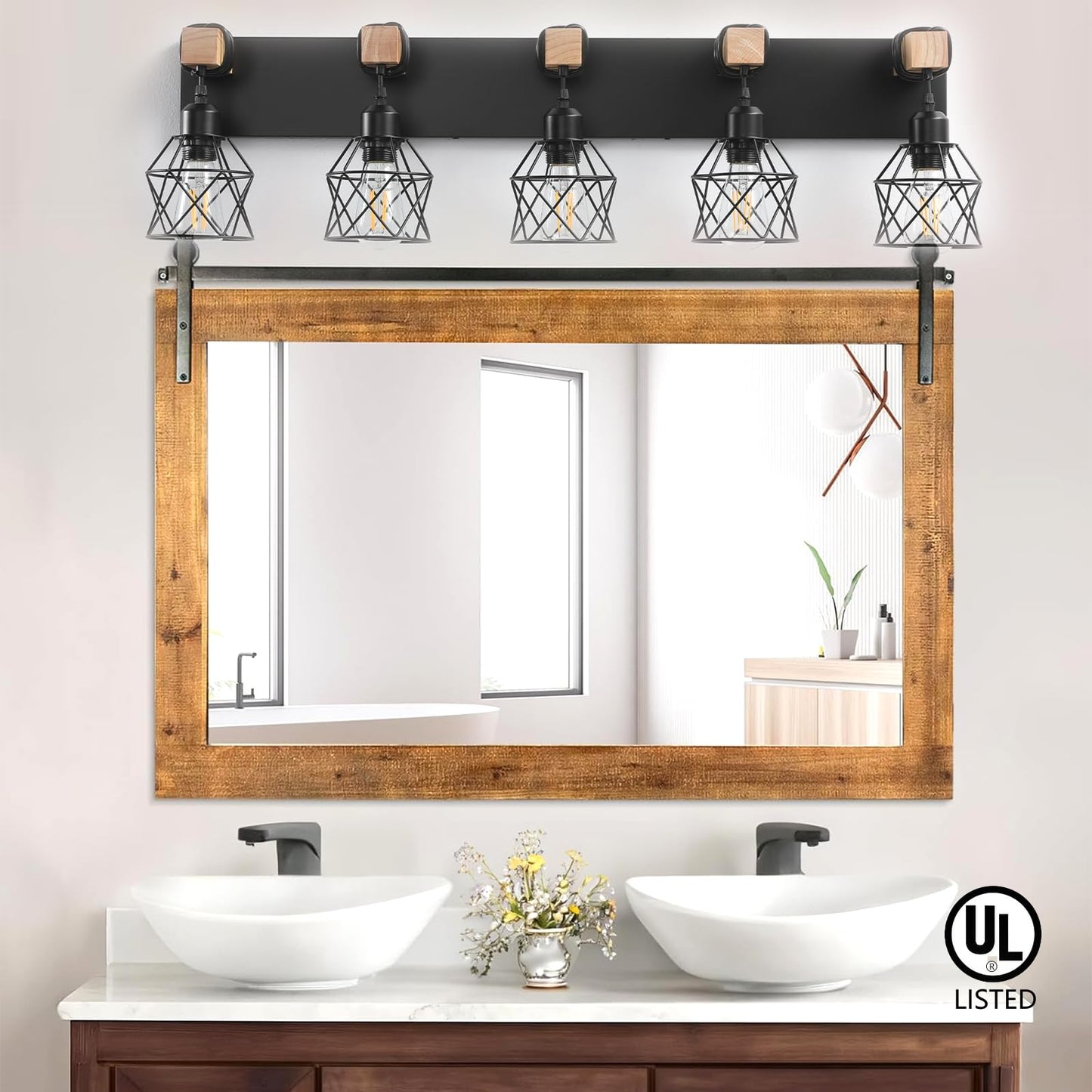 Farmhouse Vanity Light Fixture,5-Light Bathroom Lighting,Black Industrial Wood Wall Light Over Mirror with Metal Shade,LED Bulbs Not Included