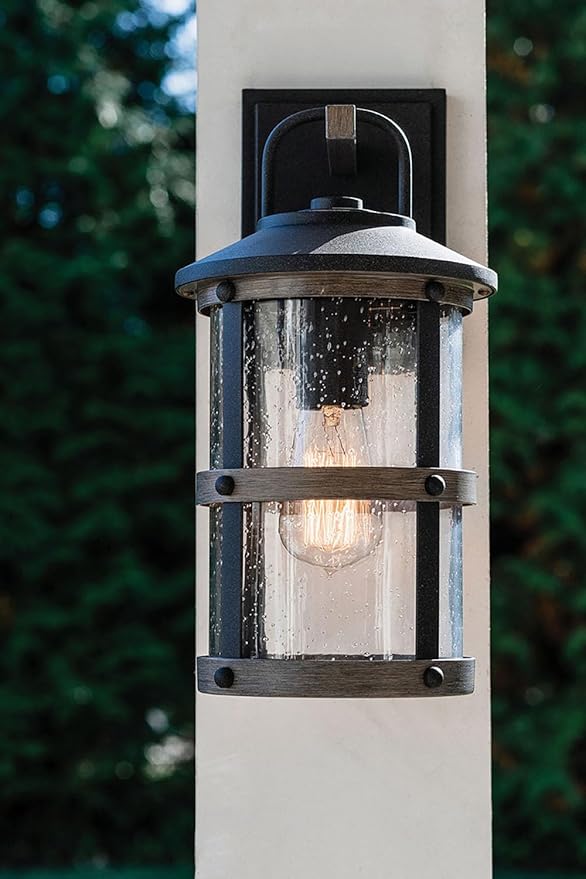 Hinkley Lakehouse 2680DZ Small Outdoor Wall Lantern - Coastal Style, Nautical Touches, Clear Seedy Glass - Aged Zinc + Driftwood Accents