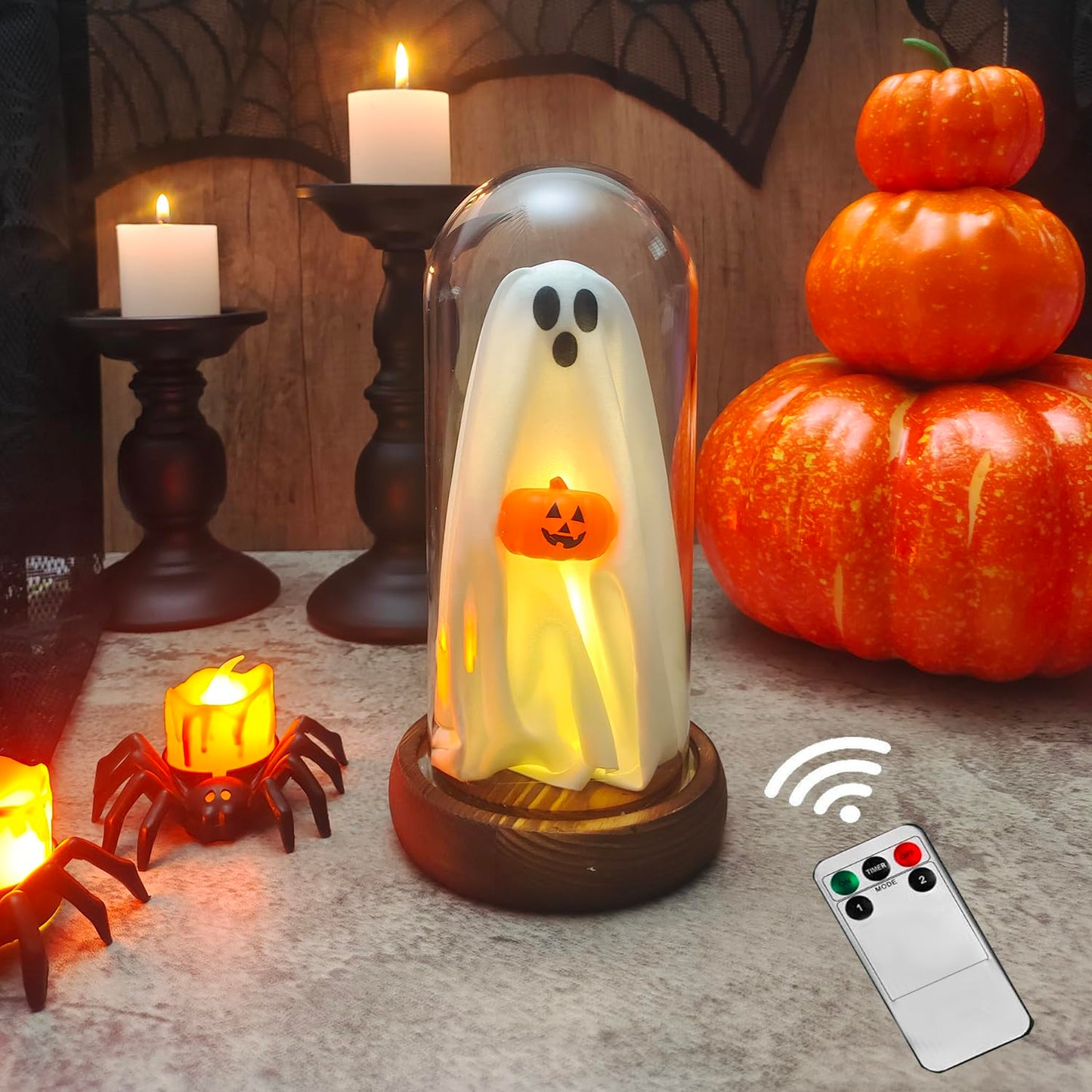 Generic Halloween Ghost Lamp - Light Up Glass Decoration with Remote Control - Small - Pumpkin