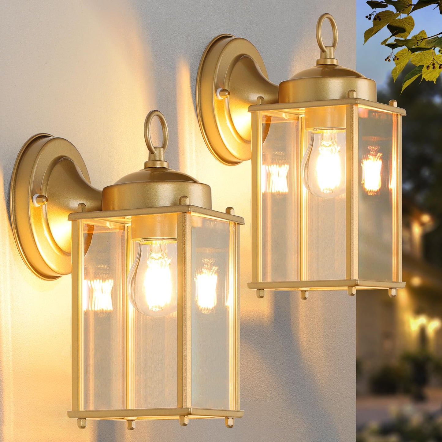 MATAMEYE Large Outdoor Wall Lantern, Waterproof Gold Sconce Light, Clear Beveled Glass, Iron, 10.24 inch, Model GS8648-XL, 2 Pack