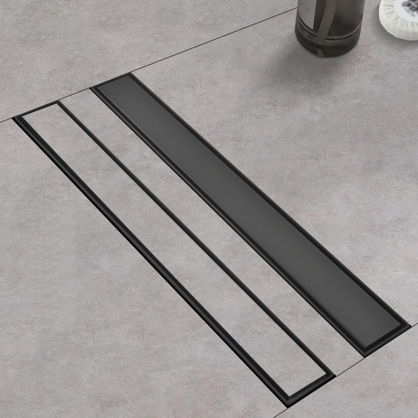 Kuaisailsk Linear Shower Drain with Tile Insert Panels, 24 Inch Black 304 Stainless Steel Rectangle Shower Floor Drain, with Hair Catcher, Adjustable Feet, Fits Bathroom, Balcony