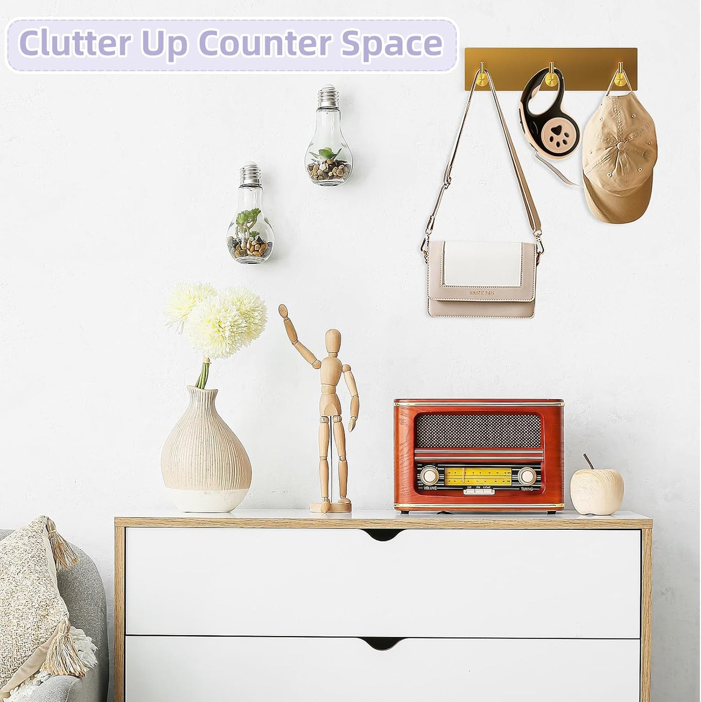 VIS'V Key Holder Wall Mount, Small Metal Self Adhesive Key Hanger with 3 Hooks, No Drilling, Extra Adhesive Strip, Gold
