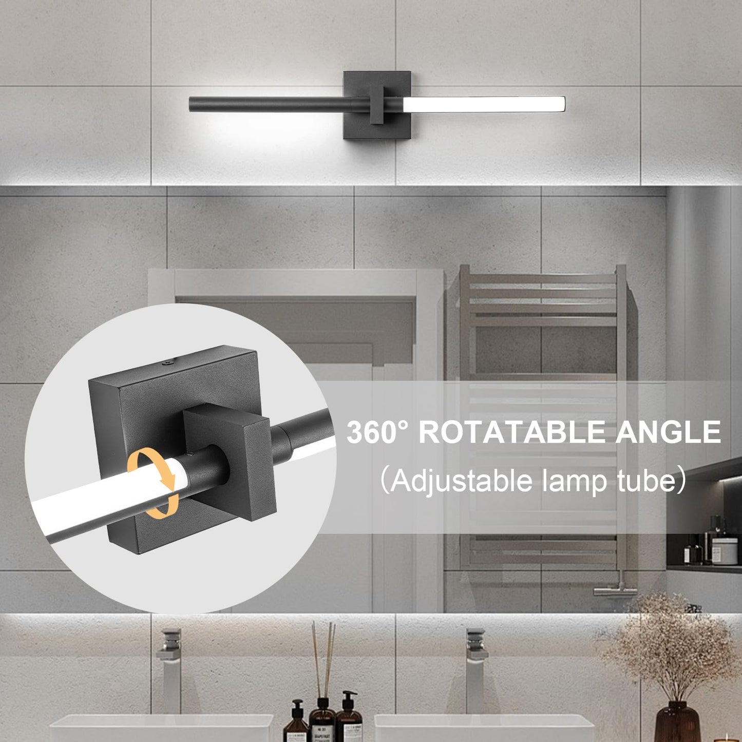Edislive Modern Dimmable Led Vanity Light 360 Rotatable Bathroom Vanity Wall Lighting Fixtures  23.2 In Mirror Wall Sconce Fixtures For Bathroom Bedroom Makeup Living Room 6000K(Black)