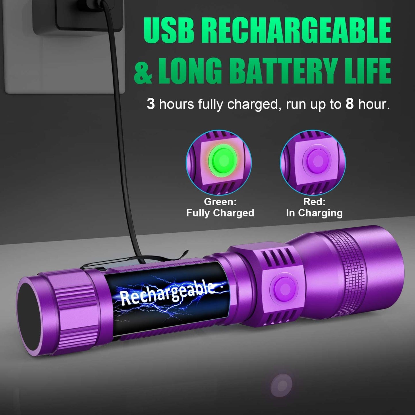 AdamStar 3 in-1 Rechargeable Black Light Flashlight, UV LED, 7 Modes, Waterproof, Aluminum, (Black + Purple) with Case, Model 016