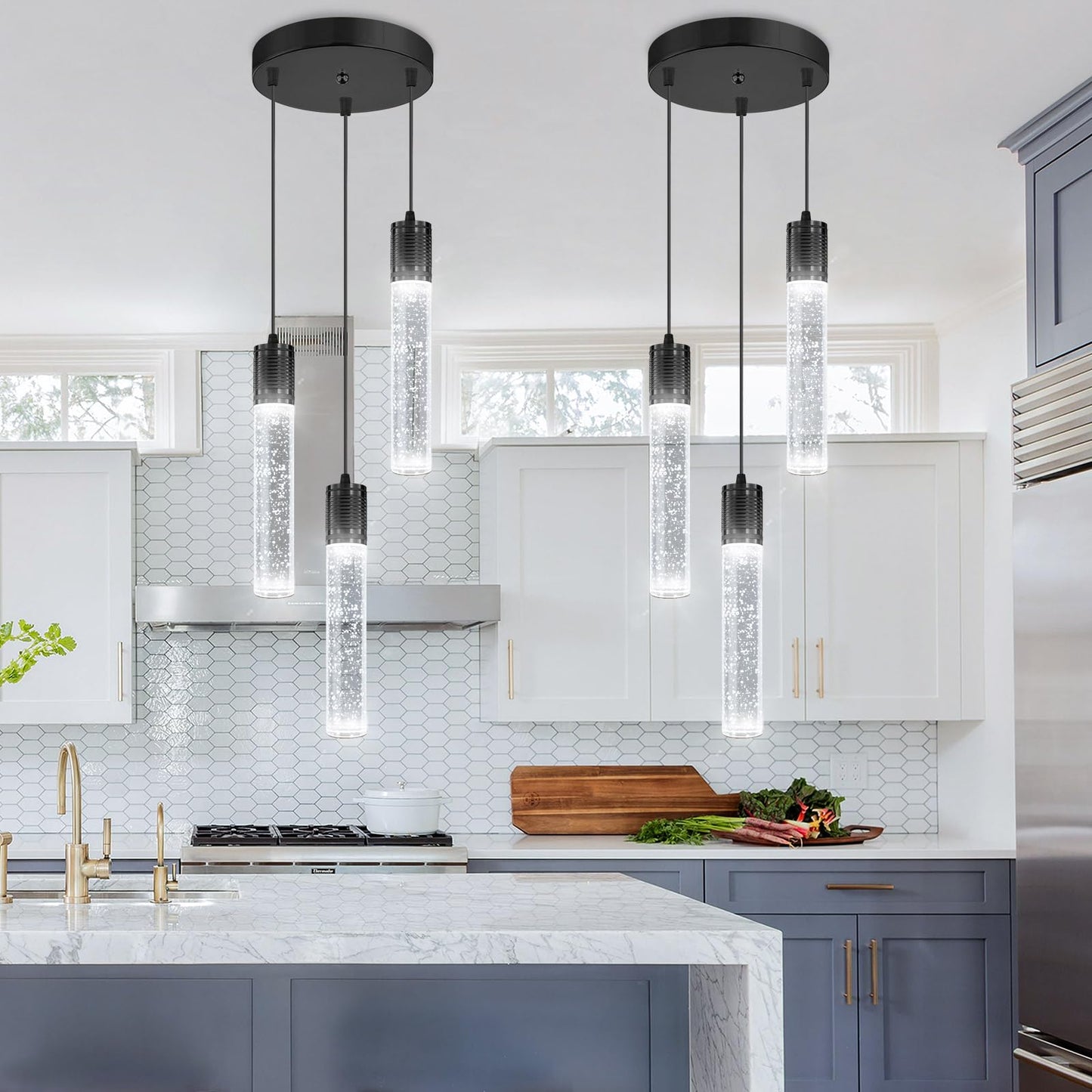 Dolria 3-Lights Pendants Light For Kitchen Island Chandeliers Dining Room Pendant Lighting Fixture Bubble Crystal Ceiling Hanging Lights Bedroom Island Kitchen 6000K White Light Fixtures Black