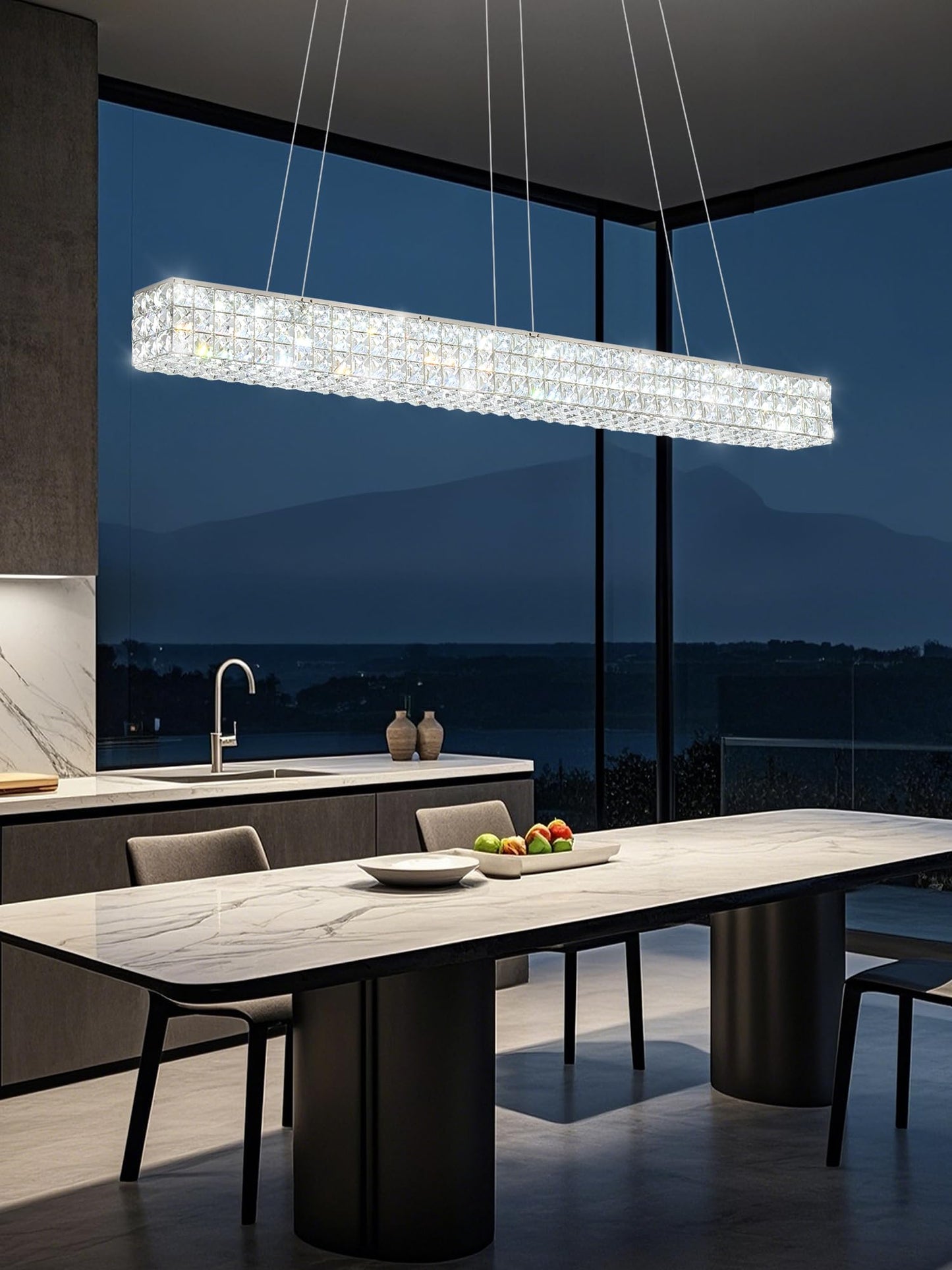 ykolupty Crystal Chandeliers - Modern Rectangular Pendant Light 48in Silver TP3009-CT-120Y for Dining Room, Kitchen Island