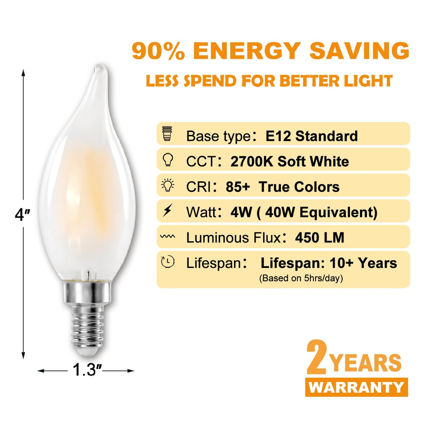 Decoaui E12 Led Chandelier Light Bulbs  4W(40W Equivalent) Dimmable C11 Frosted Glass  450 Lumens  2700K Soft White  Candle Shaped  Ideal For Candelabras Open Fixtures  6-Pack