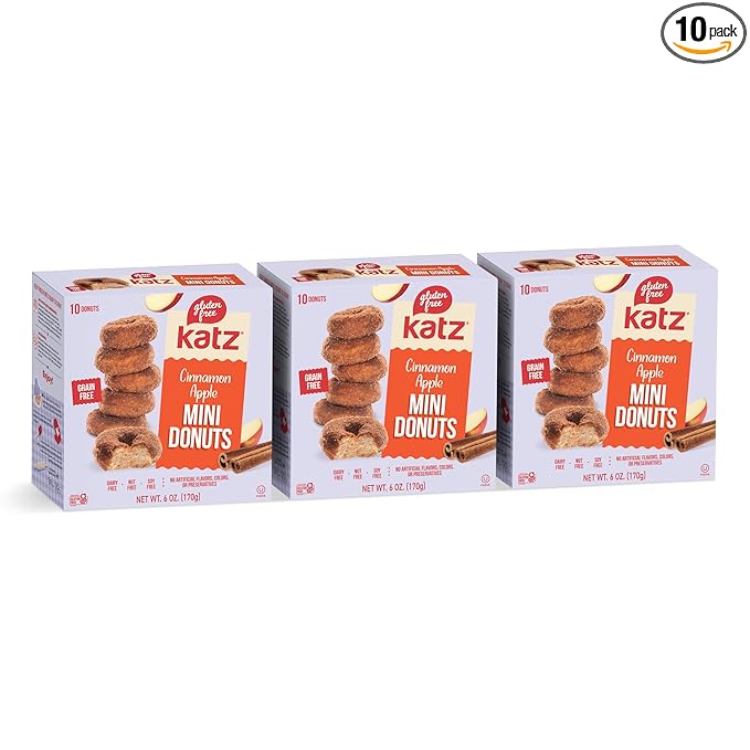 Katz Gluten Free Mini Cinnamon Apple Donuts. Fresh Baked Donuts Made With Apple Chunks and Dusted In Cinnamon Sugar. Grain Free. Tree Nut Free, Peanut Free. Kosher. 10 Donuts. 6.0 oz. (Pack of 3)