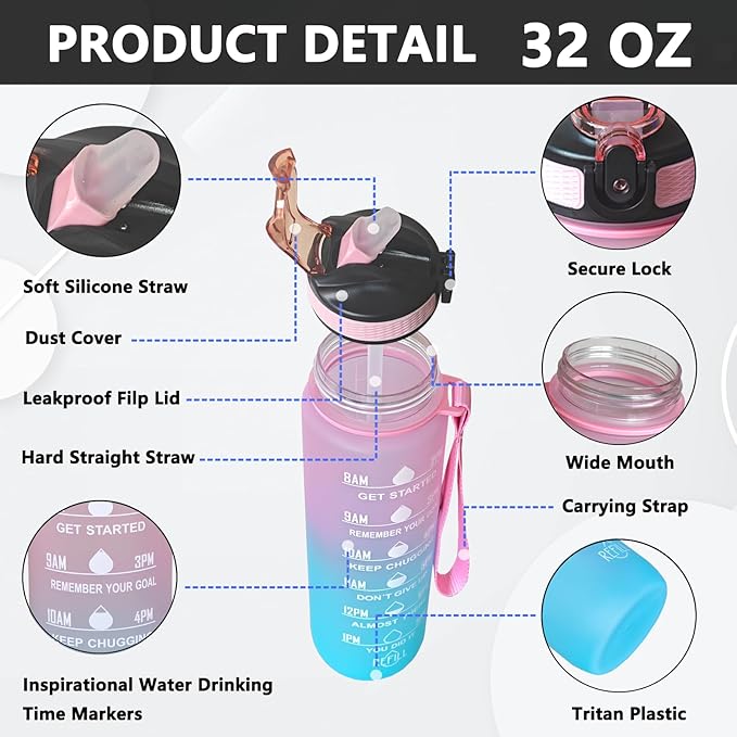 Floral Chicken Water Bottle with Straw, Carry Strap, LeakProof, Tritan BPA Free, 32 Oz Motivational Water Bottle with Time Marker to Ensure Drink Enough Water for Gym Fitness Outdoor