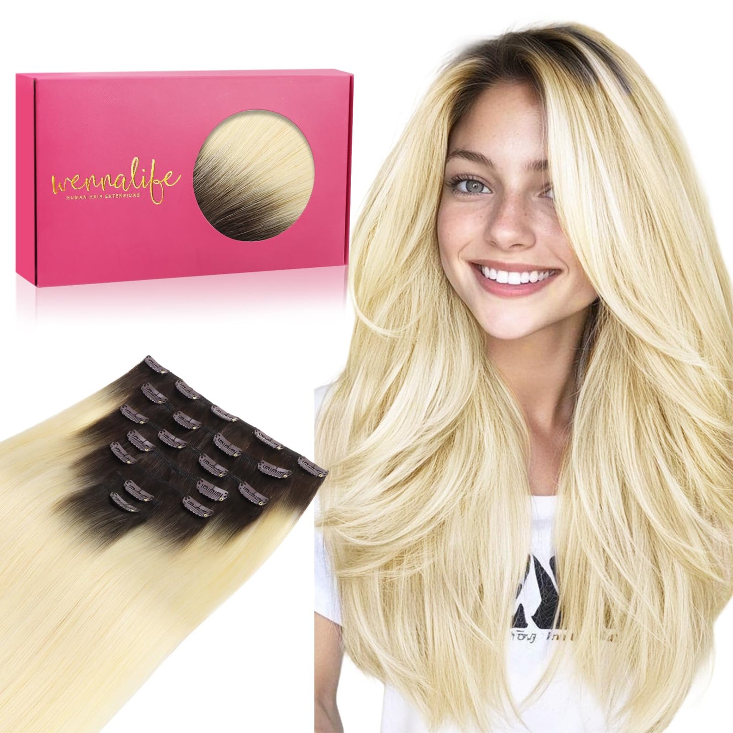 WENNALIFE Clip in Hair Extensions, 16 Inch 120g 7pcs Clip in Hair Extensions Real Human Hair, Ombre Light Dark Brown to Platinum